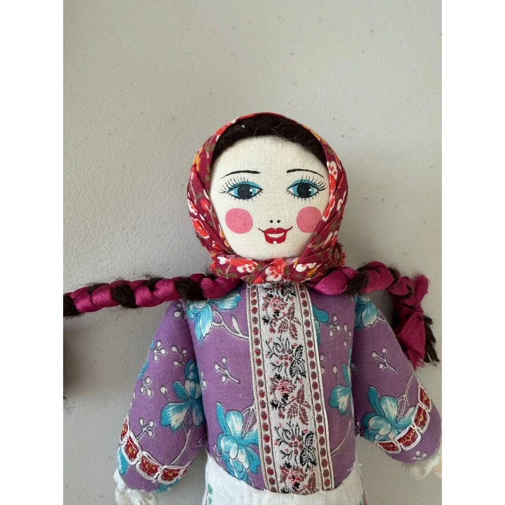 Vintage 70s Russian Babushka Cloth Doll Braided Yarn Hair Folk Art Rag Toy